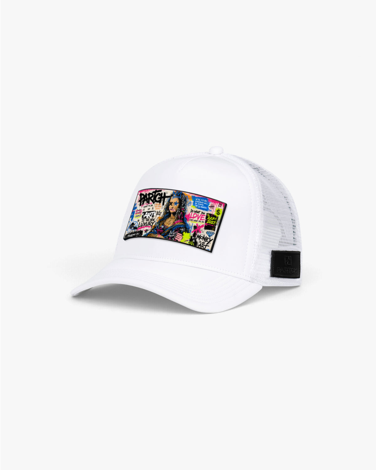 White Luxury Trucker Hat Mona Art Removable Partch-Clip | PARTCH