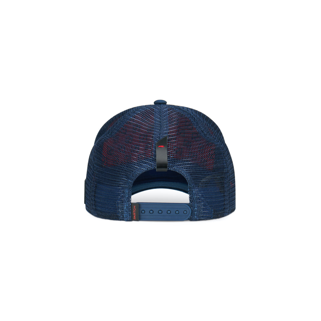 Partch trucker hat navy blue with genuine leather accents and breathable