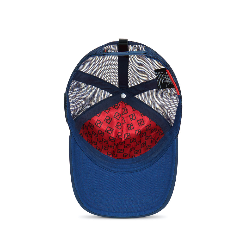 Partch inside view navy blue trucker hat and luxury red satin fabric
