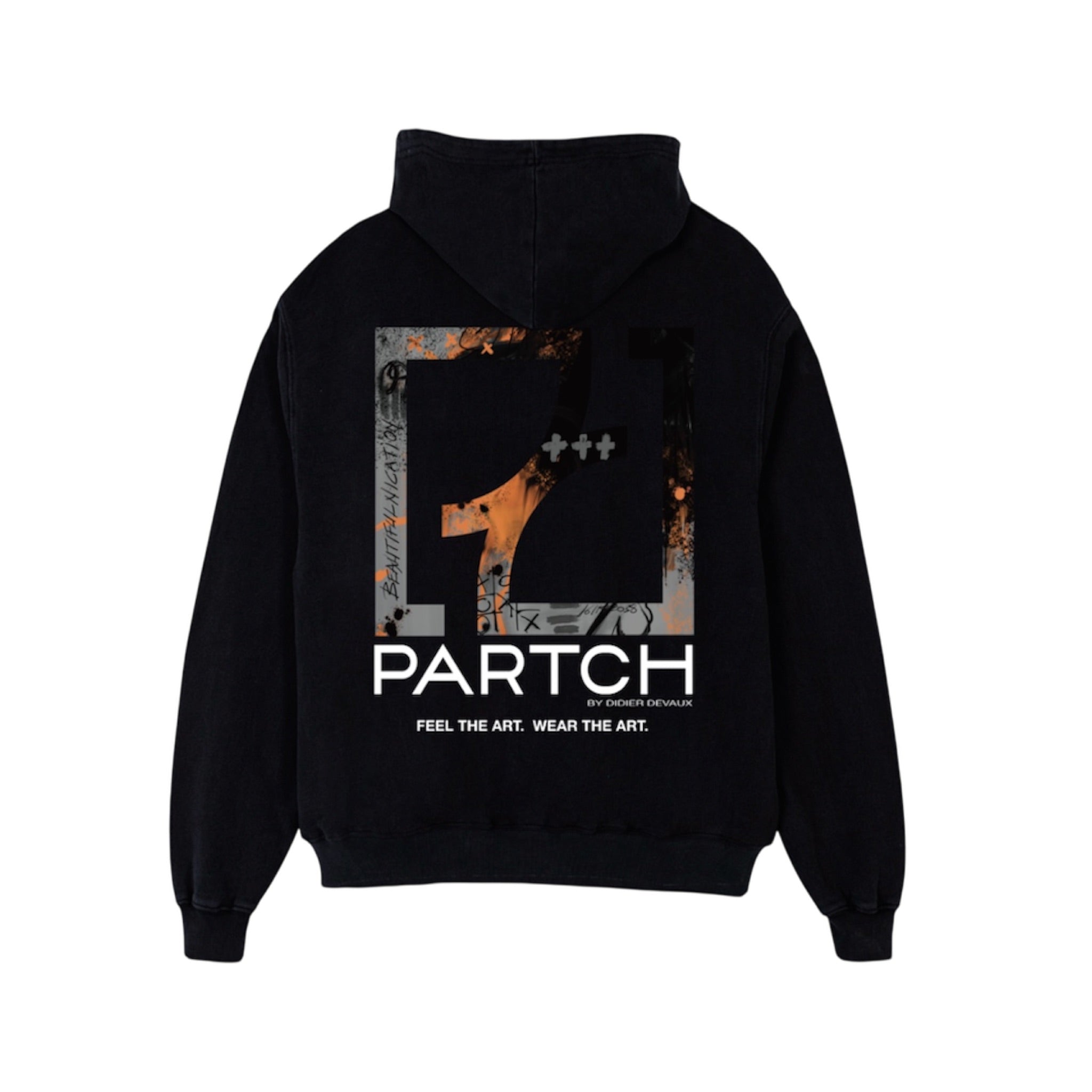 Paint Artwork Logo Hoodie Oversized Fit in Black Cotton | PARTCH by Didier Devaux