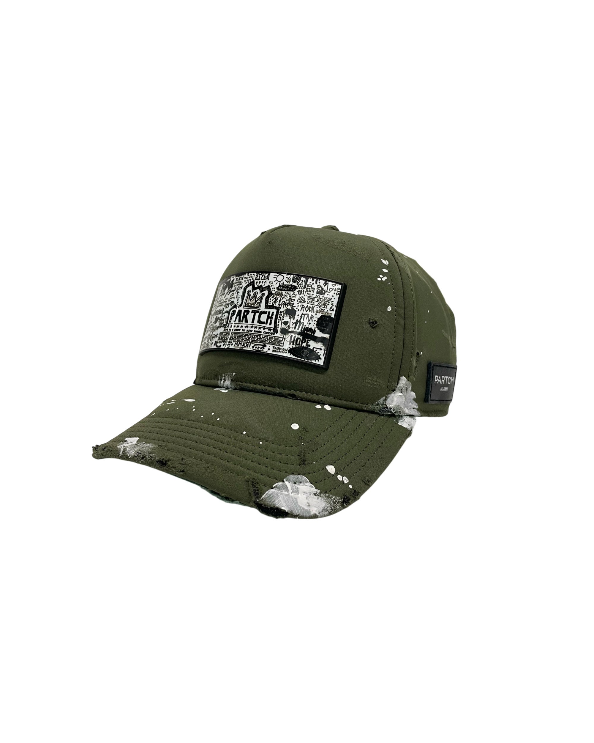 Green Distressed Hand-Painted Trucker Hat Pop Love removable Partch-Clip | PARTCH 