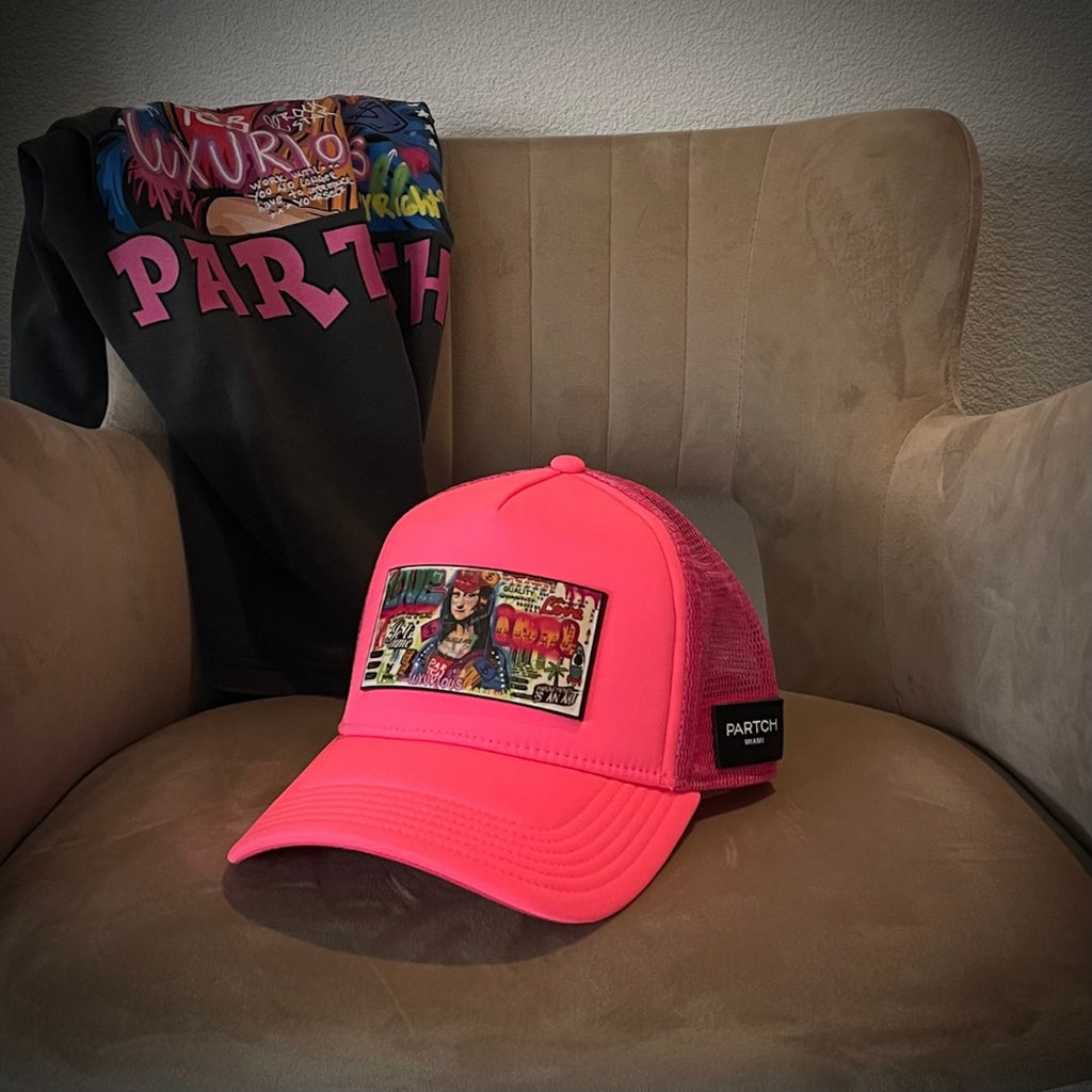 Partch Mona Lisa Trucker Hat in Pink, Breathable, Genuine Leather Accent