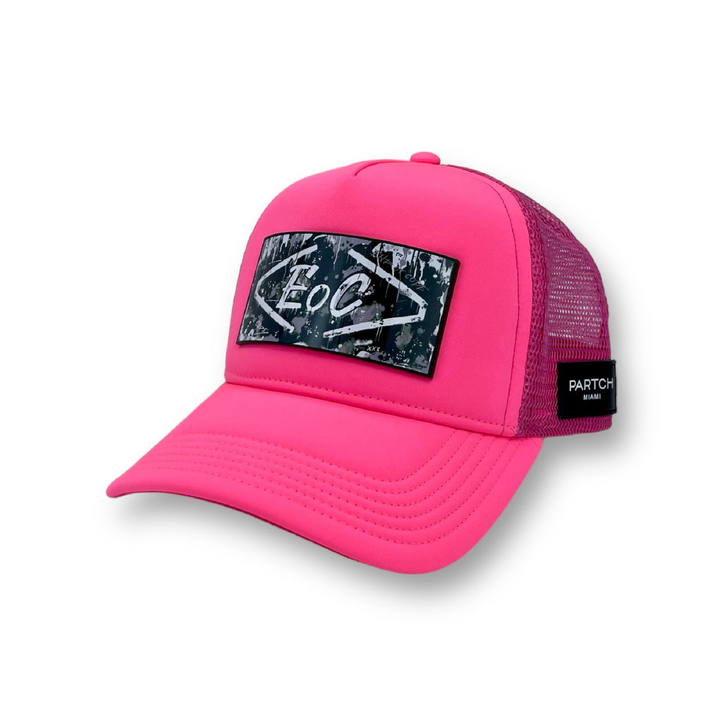 Partch luxury hot pink trucker hat with End of Code art partch-clip removab;e