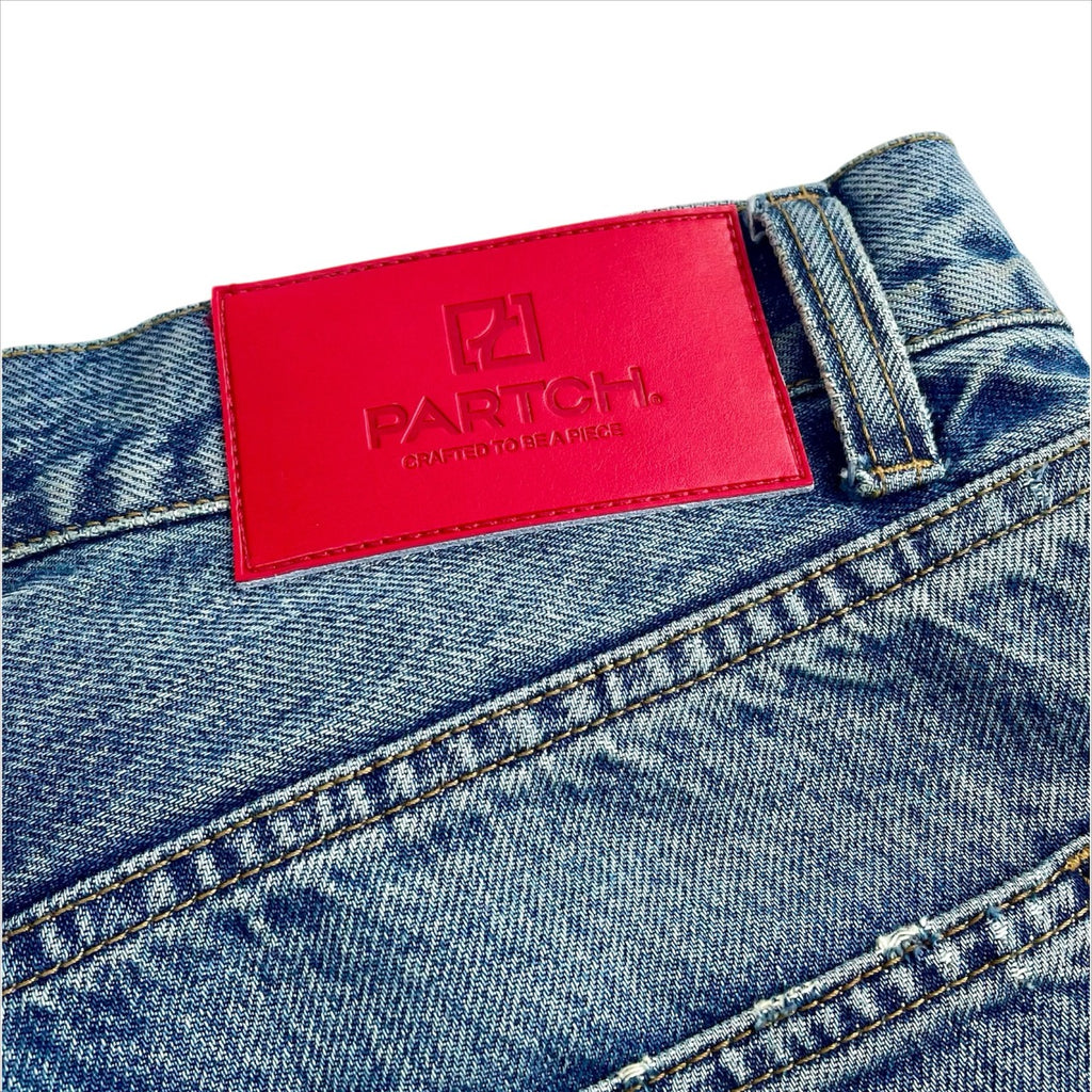 Designer Jeans Denim Faded Mid Blue with Red Leather Patch | PARTCH