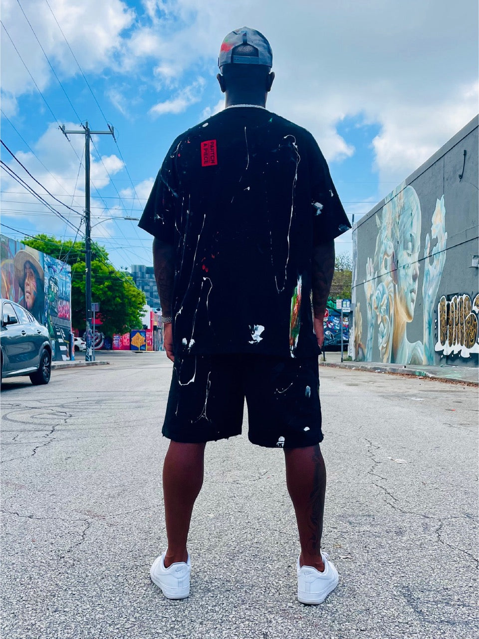 PARTCH Oversized Distressed T-Shirt Black Hand Painted & Red Patch