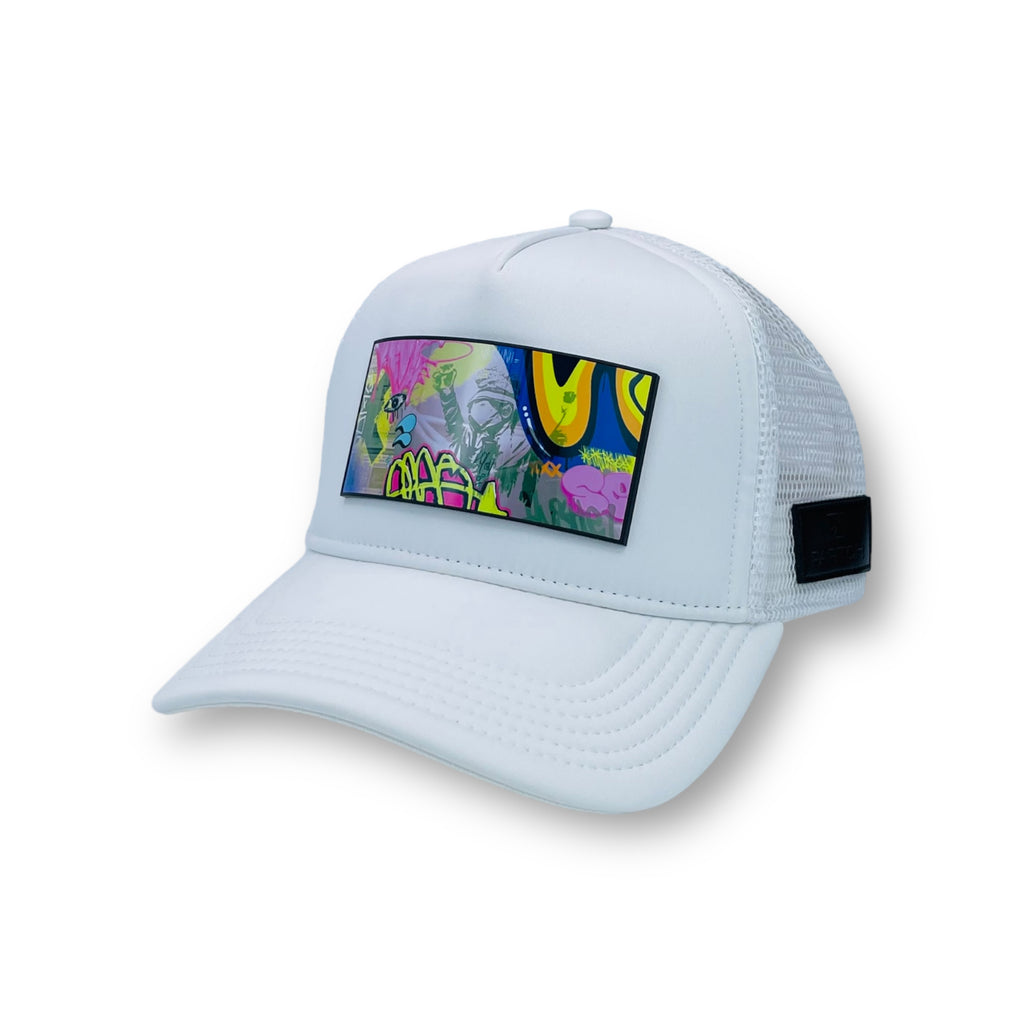 Partch Swag Trucker Hat, w/ Partch-clip removable Art Graffiti Urban Style. White Luxury Hats |PARTCH Fashion