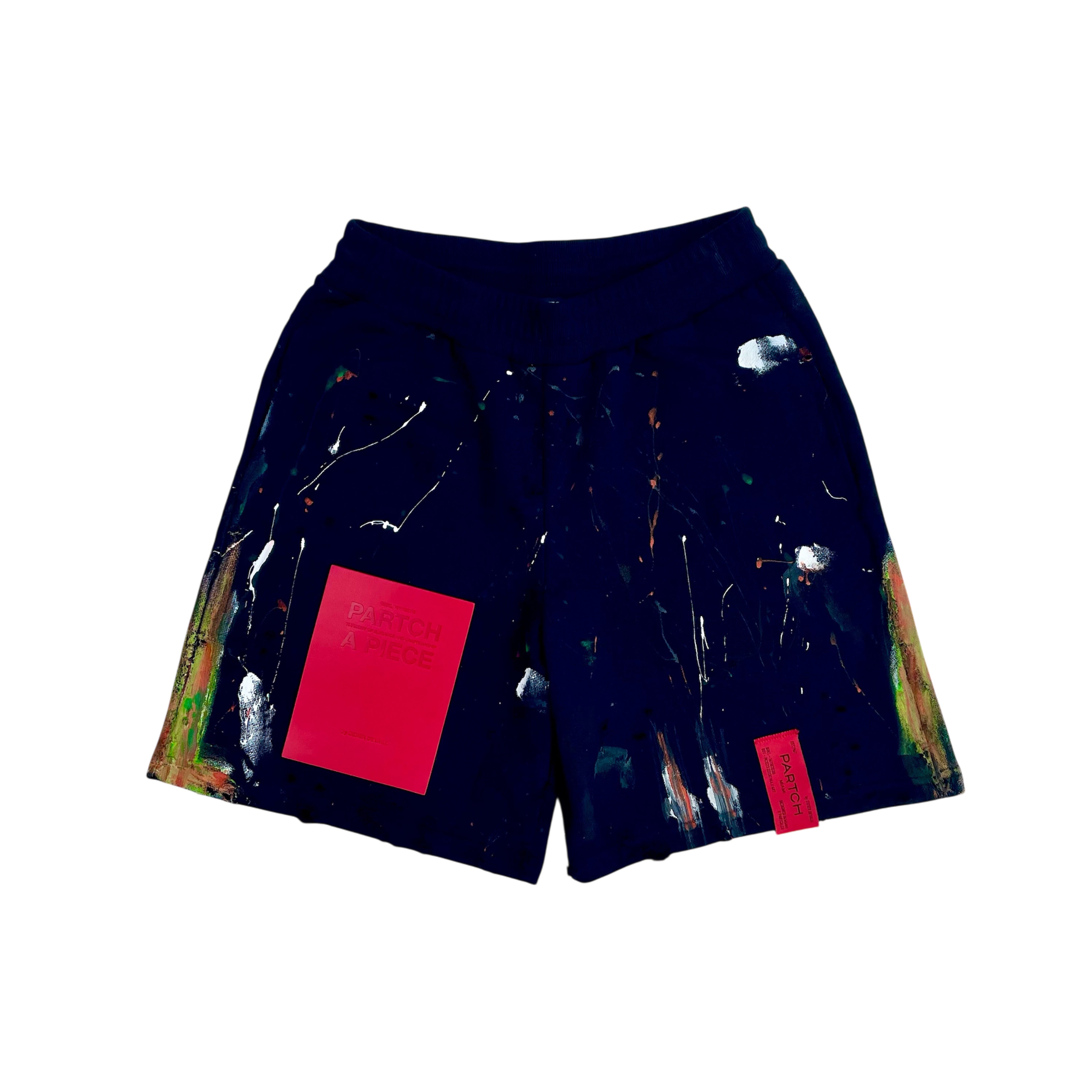 Partch Sweat Shorts Hand-Painted Distressed Red Leather Patch | Designer Streetwear