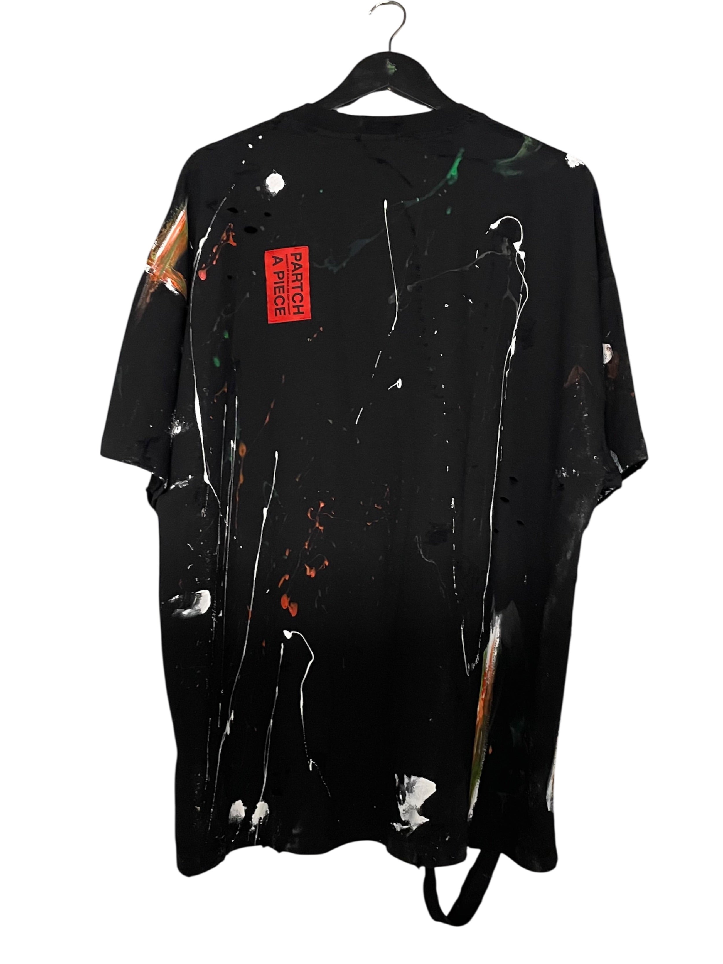 PARTCH Oversized Distressed T-Shirt Black Hand Painted & Red Patch