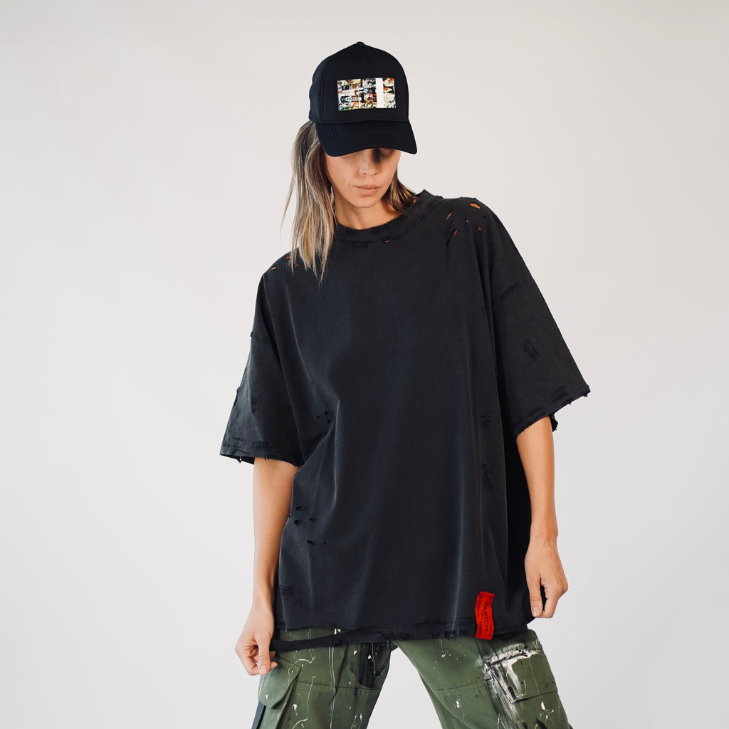 Distressed Oversized T-Shirt Vintage Black Cotton for Women | Partch Fashion
