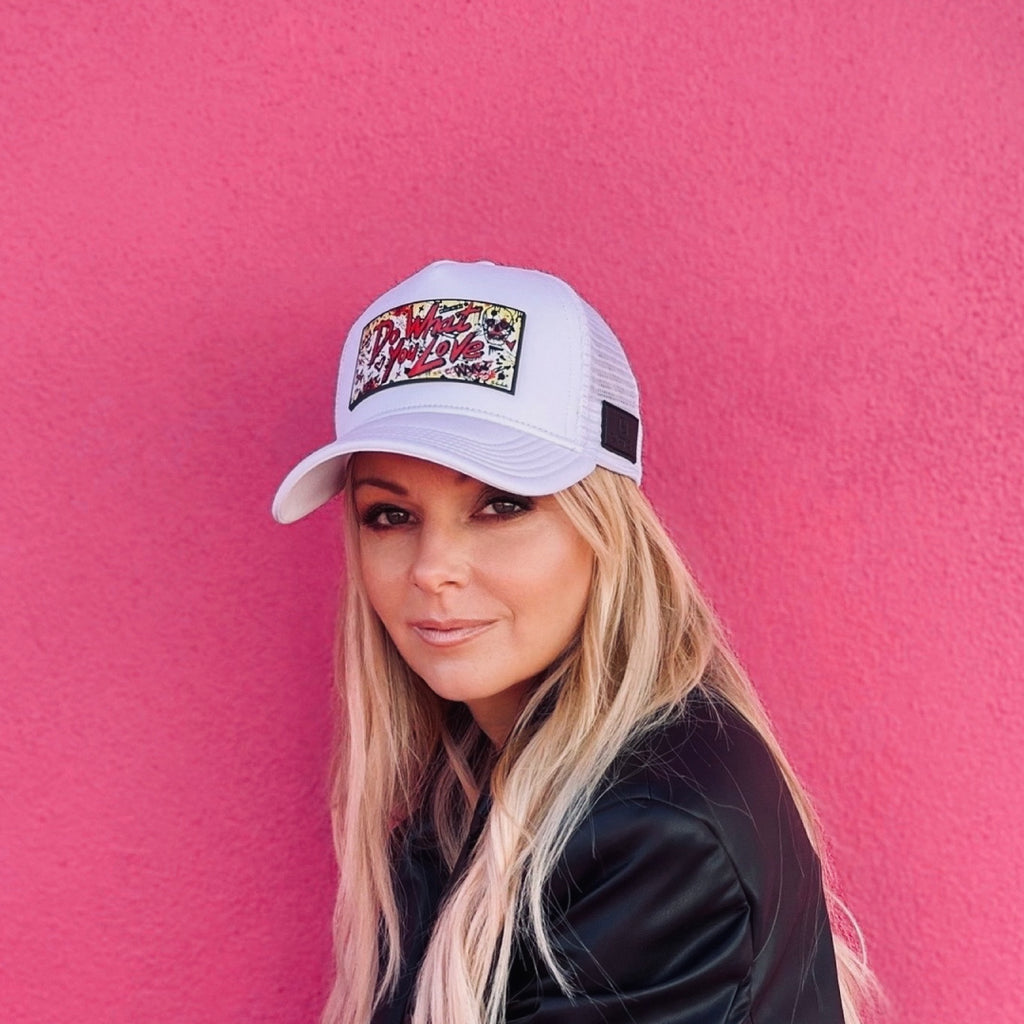 Woman Trucker Hat in White front logo Do What You Love | Breathable, Leather, Red Satin, Snapback