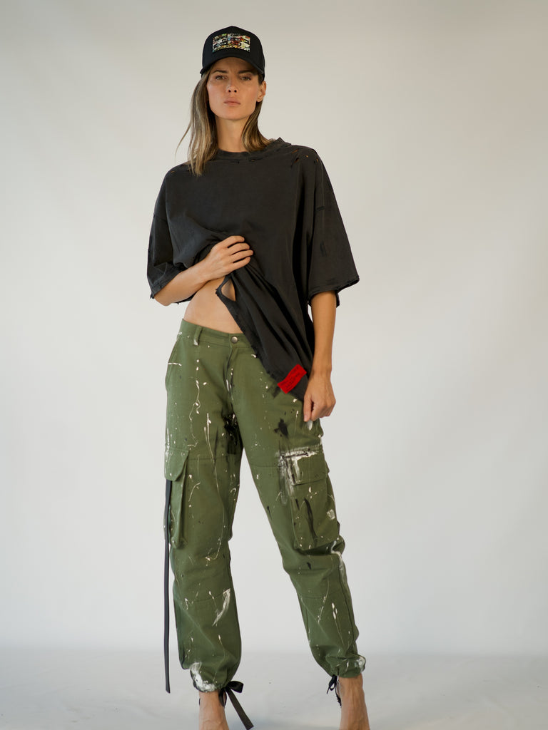 Women's Cargo Pant Green Paint Splatters Workshop Relaxed Fit | PARTCH by Didier Devaux