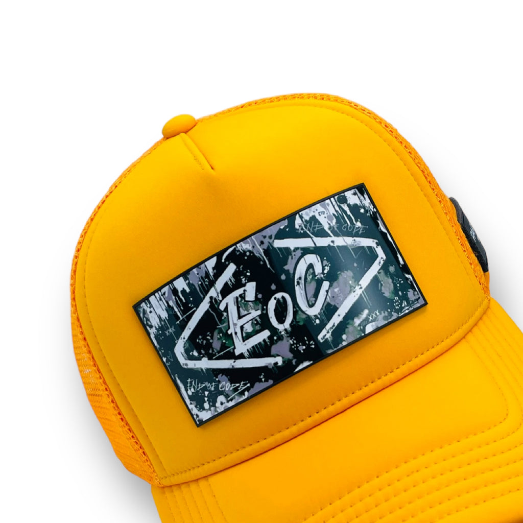 Partch-Clip End of Code Music with a Partch luxury trucker hat in yellow