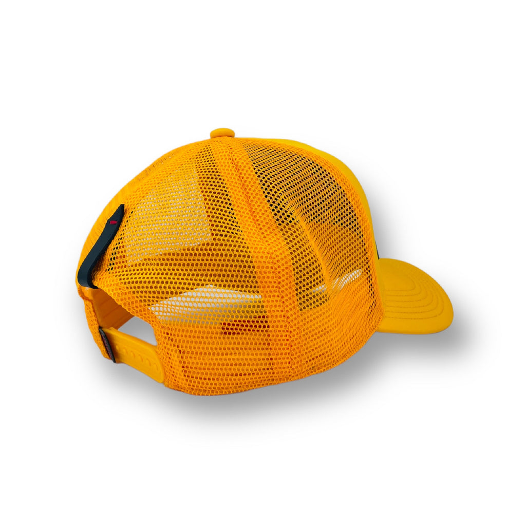 Partch mesh trucker cap in yellow and black leather