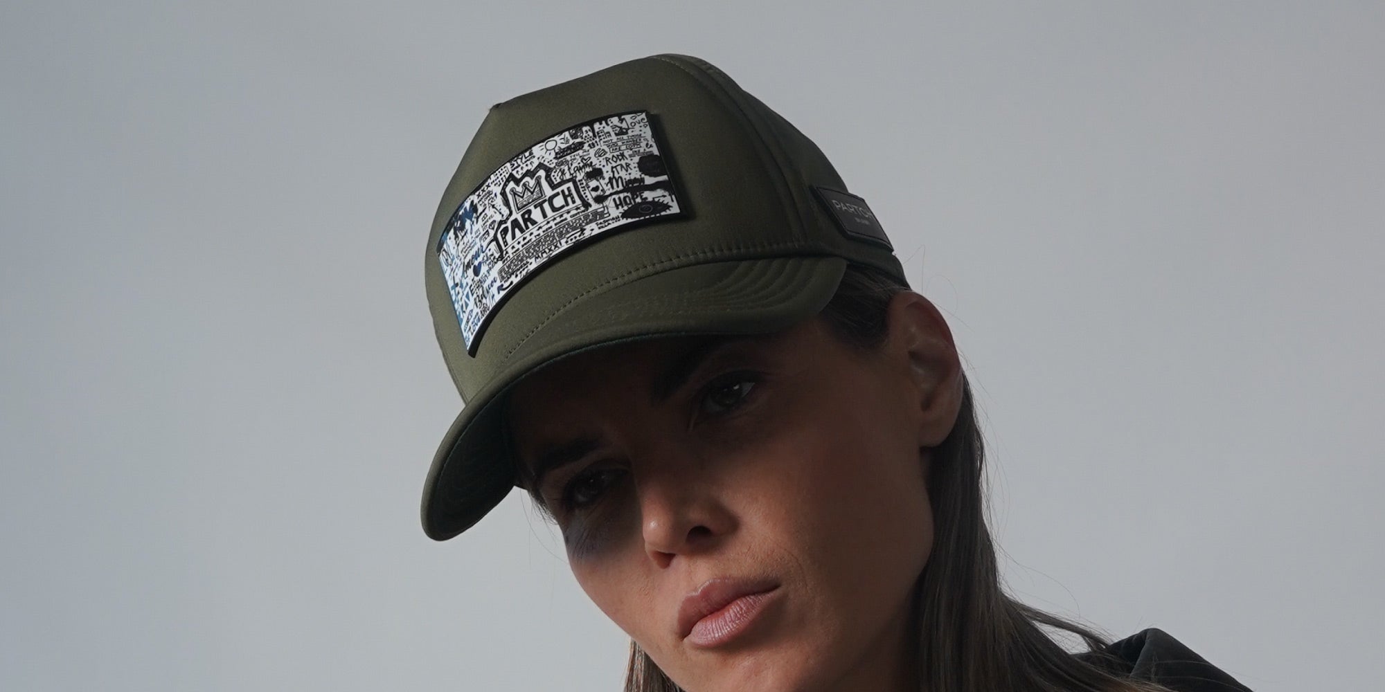 Women's Luxury Pop Love Trucker Cap Green Full Fabric with Removable Partch-Clip | PARTCH