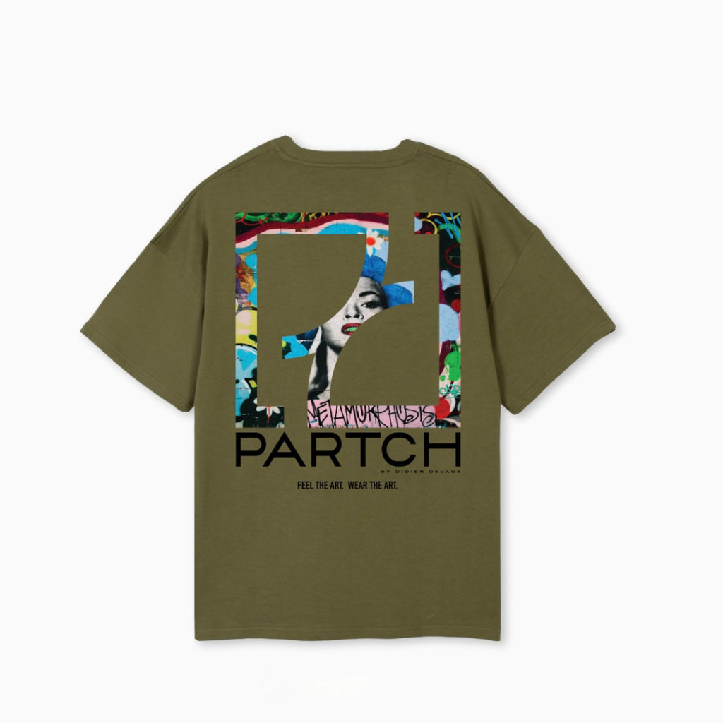Partch kaki frida logo printed back oversized tee cotton | T-Shirts in Green