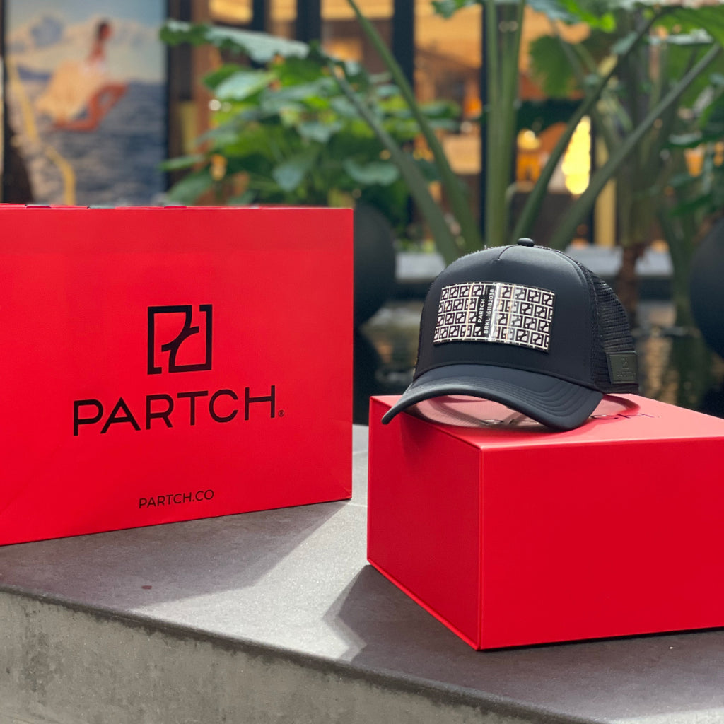 Black luxury hat and caps Partch removable patch BRKL  in luxury branded packaging red