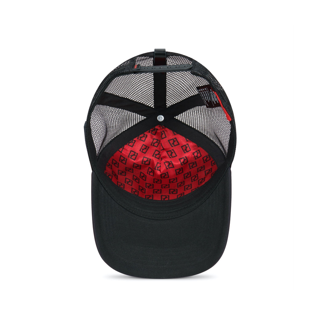 Partch  Trucker hat inside view in black and red 