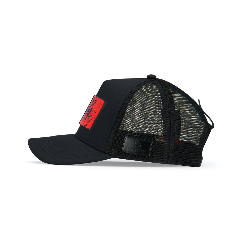 Black Trucker Hat PARTCH with leather accents and rear mesh