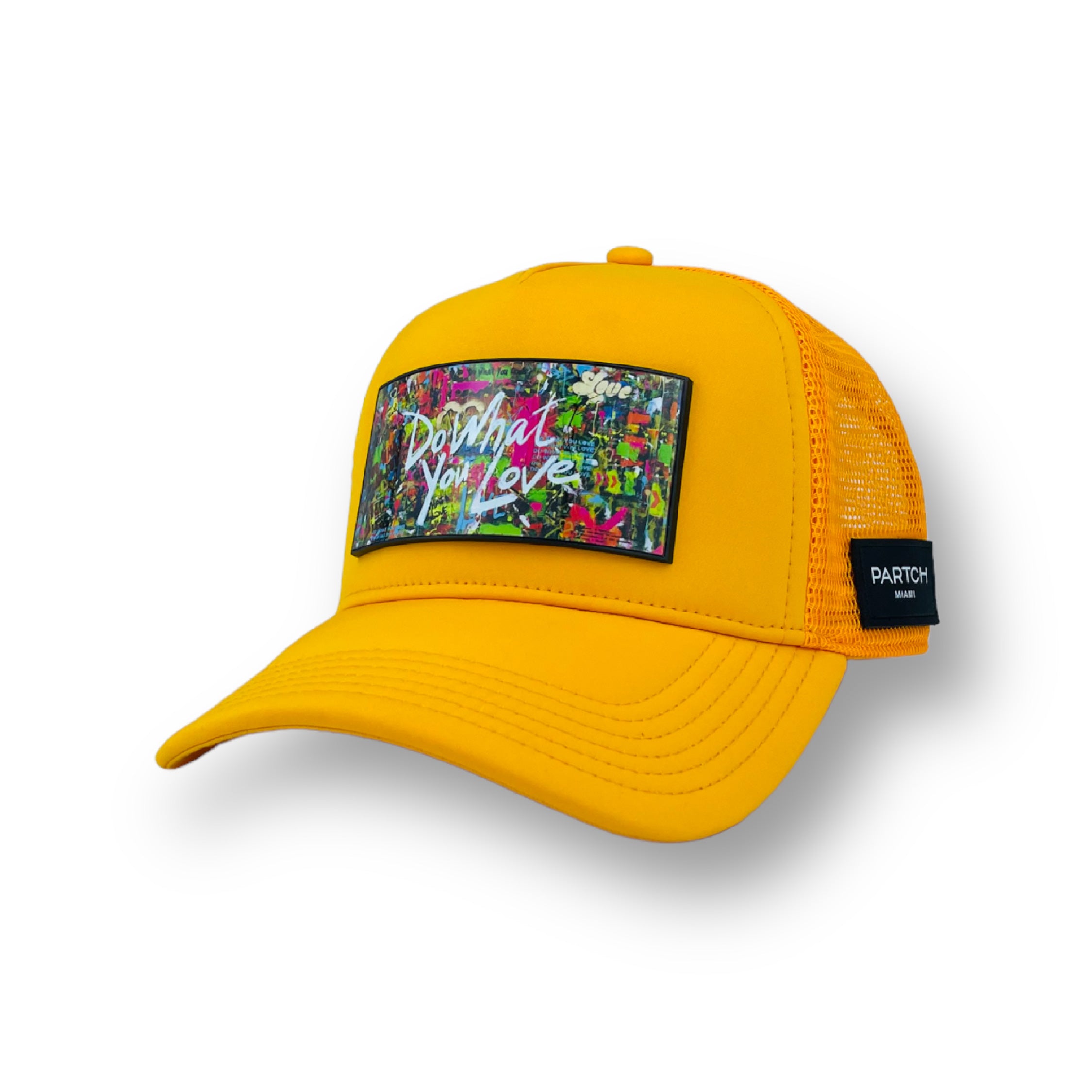 Partch yellow trucker cap with front patch do what you love art