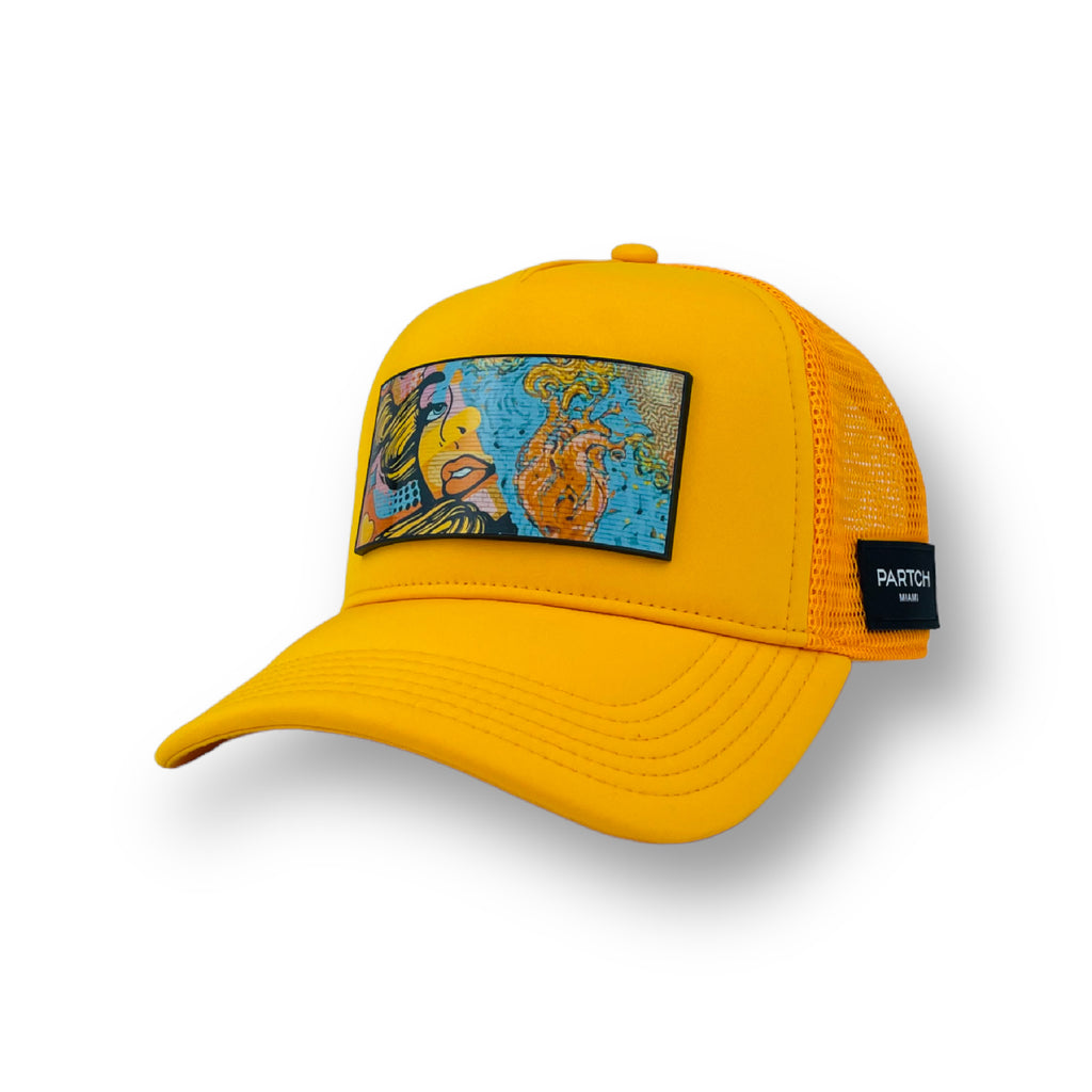 Luxury trucker hat yellow Partch and front Pop Art patch removable