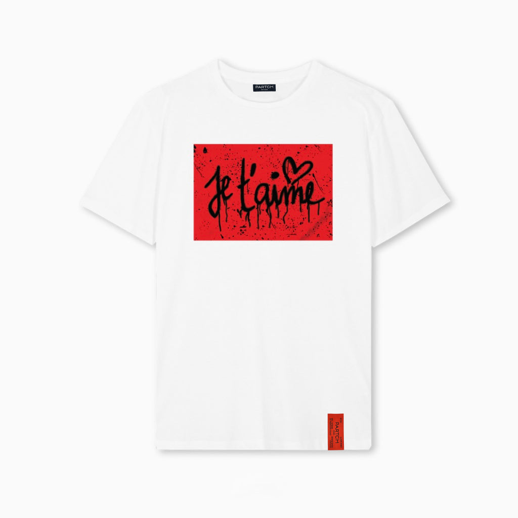 PARTCH White Je t'aime  Art T-Shirt Regular Fit in White Short Sleeves 