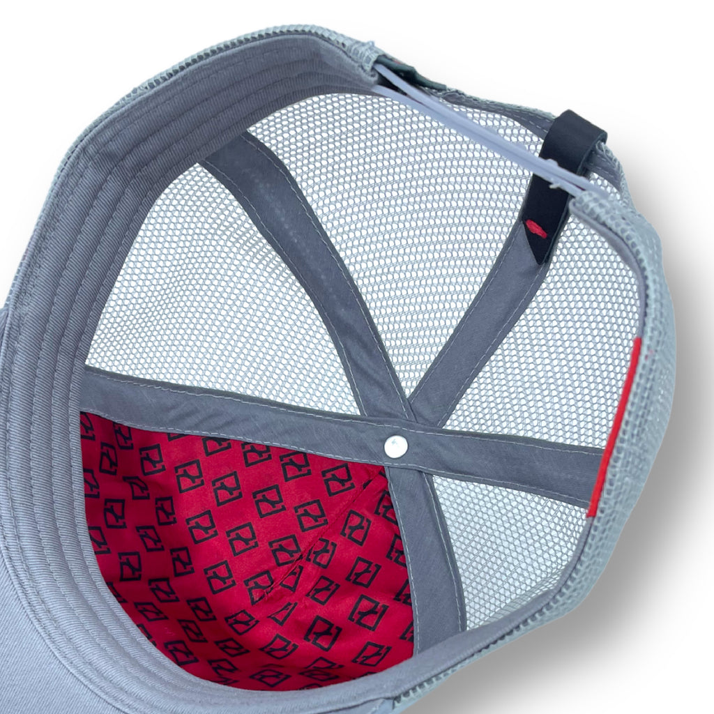 Grey and Red Trucker Hat Breathable-Mesh-Leather | Partch