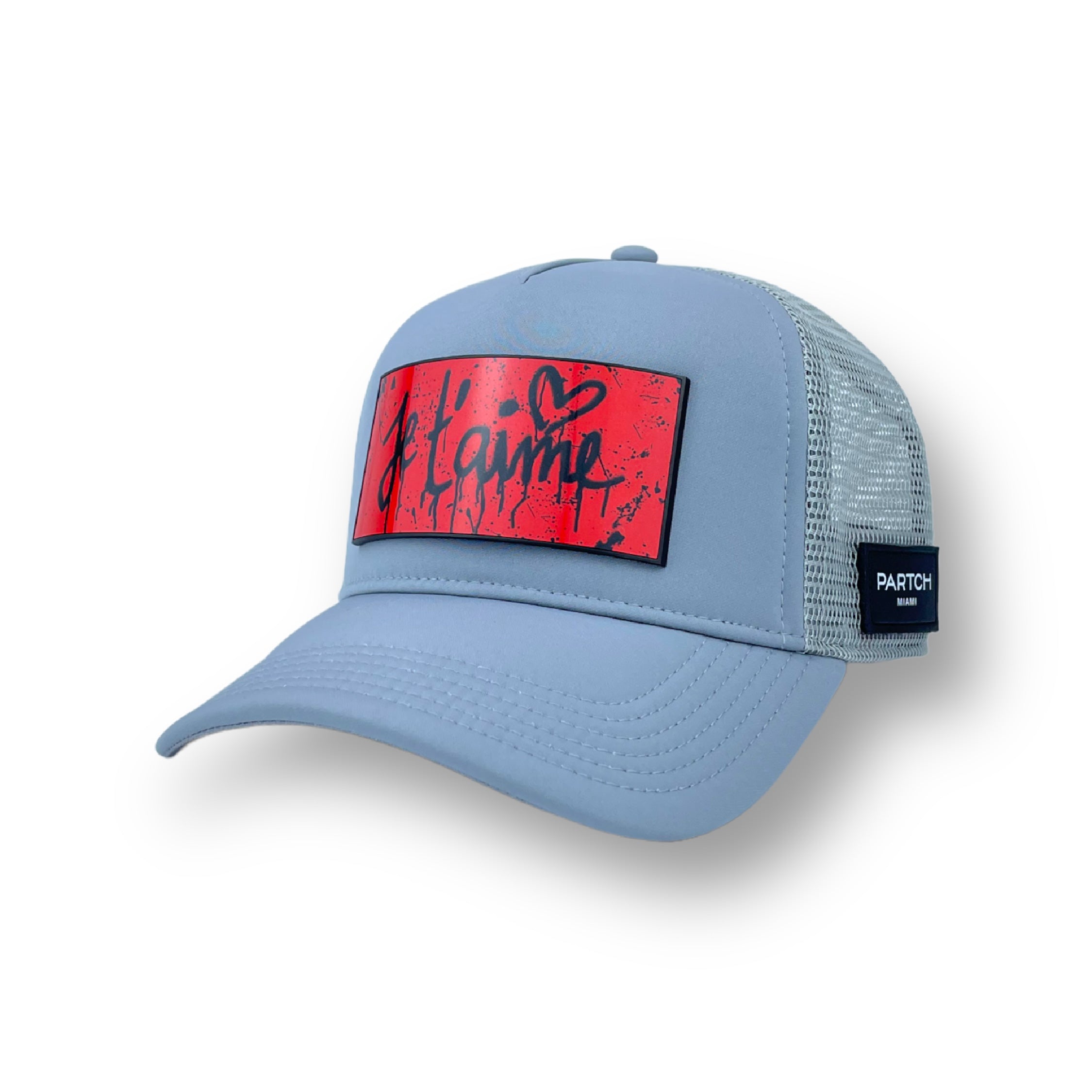 Gray Trucker Hat Je t'aime red | PARTCH-Clip removable patch