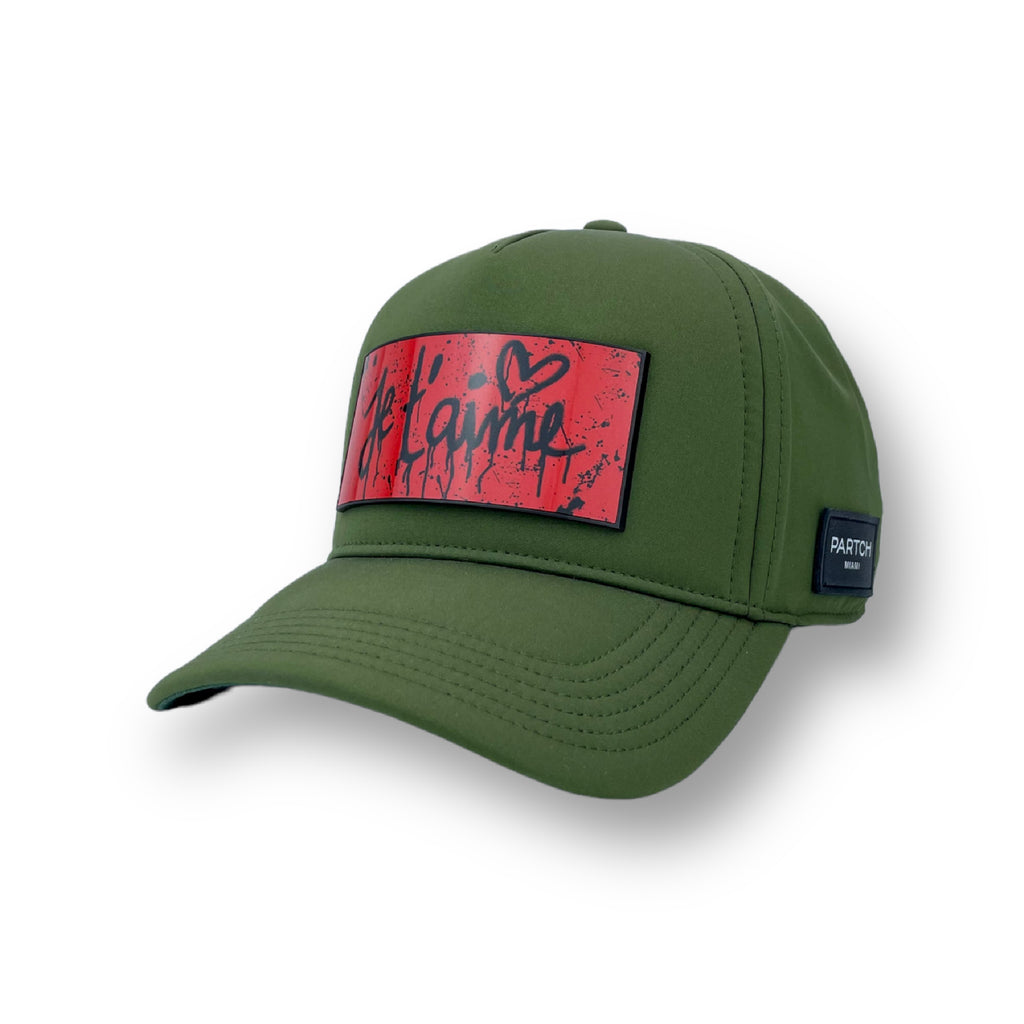 Partch je t'aime full fabric trucker hat in green with art Partch-clip interchangeable