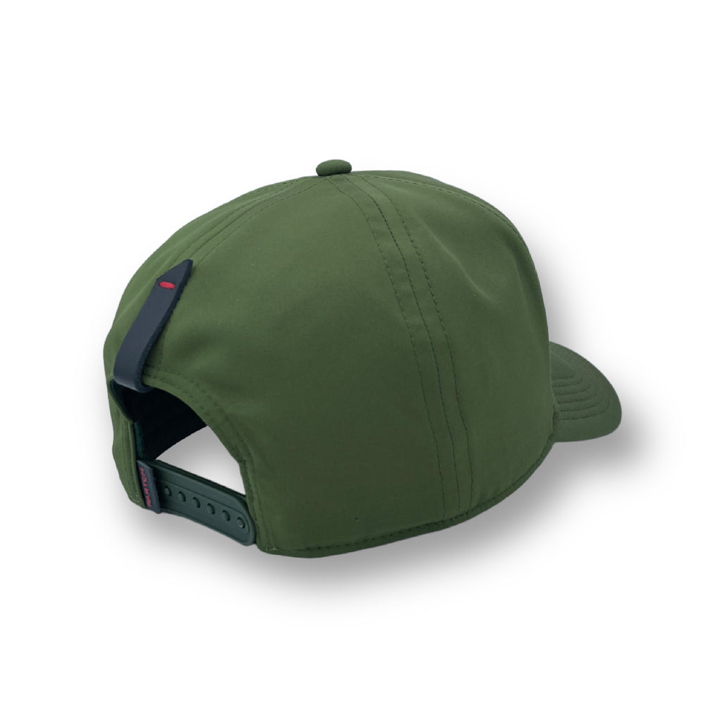 PARTCH luxury trucker hat in green kaki and leather accents
