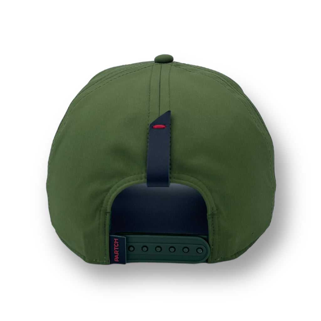 PARTCH full fabric trucker hat in green kaki and leather accents