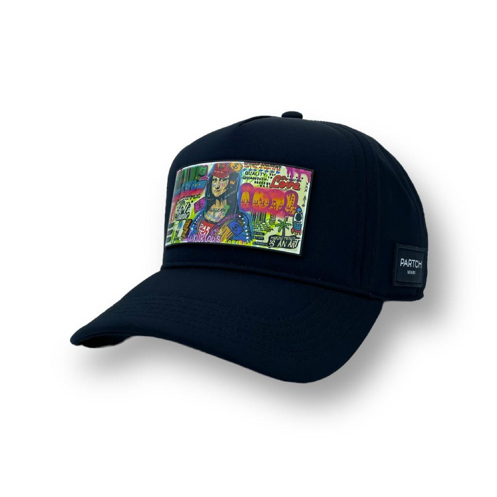 Black Trucker Hat Art Front Patch Mona Lisa Pop Art | PARTCH-Clip 
