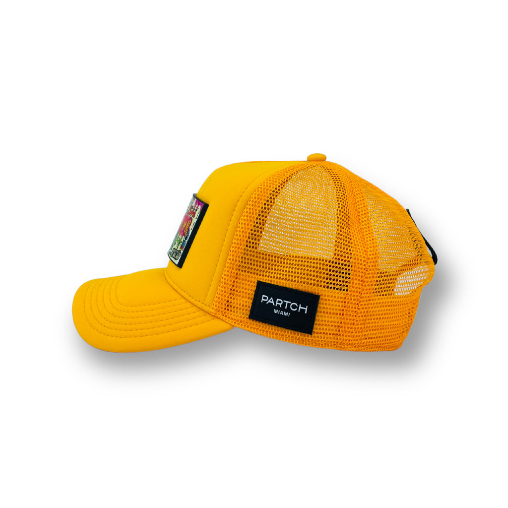 Partch fashion trucker cap in yellow and Mona Lisa patch removable 