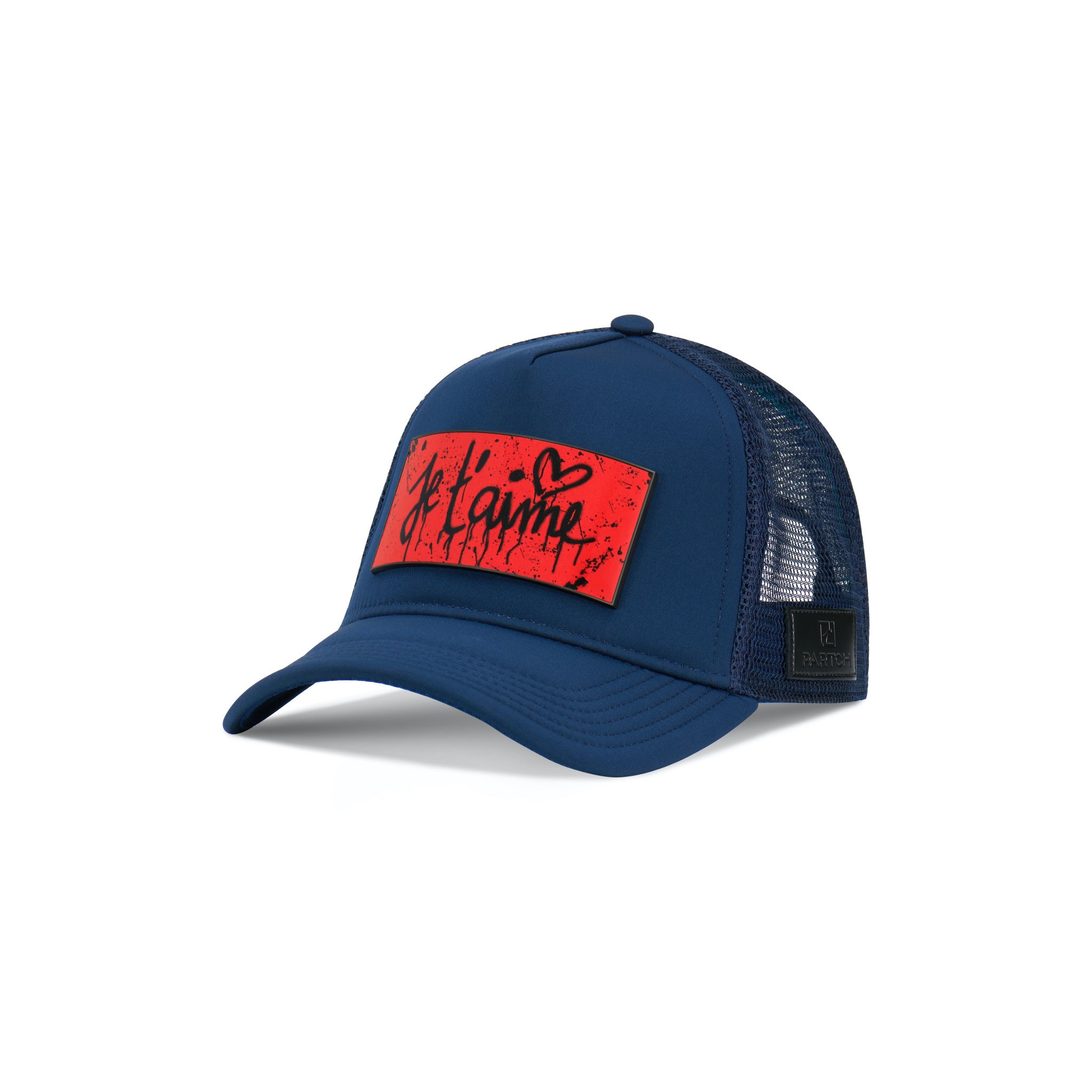 Partch Trucker Hat Navy Blue  with PARTCH-Clip Je T’aime Front View