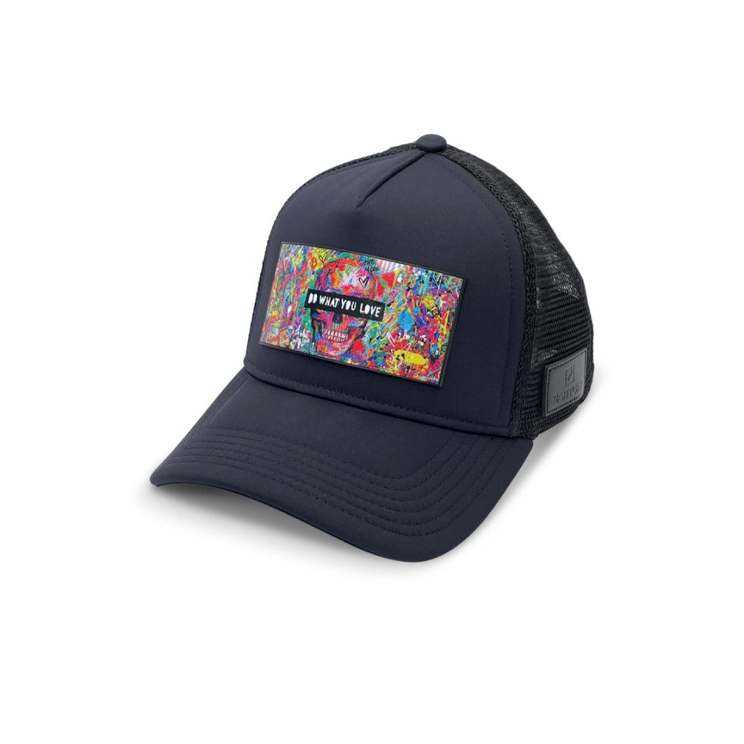 Partch Skull Trucker Hat in Black with Removable Patches
