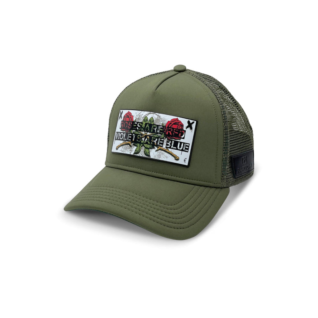 PARTCH Trucker Hat in Kaki - Green - Art Roses Partch-clip | front logo patch removable in a second made by Artists Collaboration | Lukas Avalon 