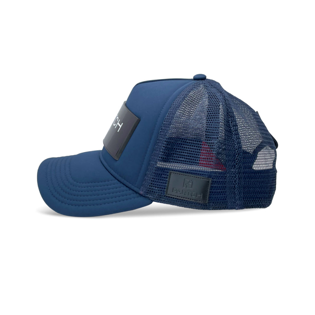 Navy Blue Logomania Trucker Hat & Caps by Partch | Features PARTCH-Clip interchangeable Art patch made in Aluminum High Purity