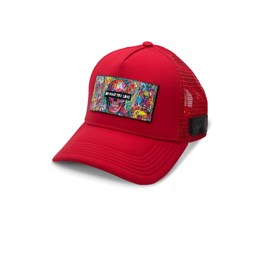 Partch Skull Trucker Hat in red with Removable Patches