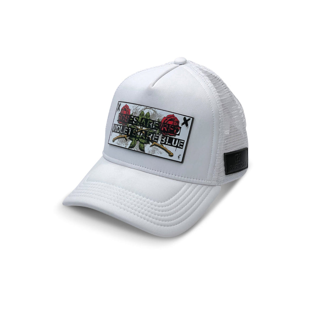 Partch Roses front Art Trucker Hat in White and Black for Men and Women Fashionista