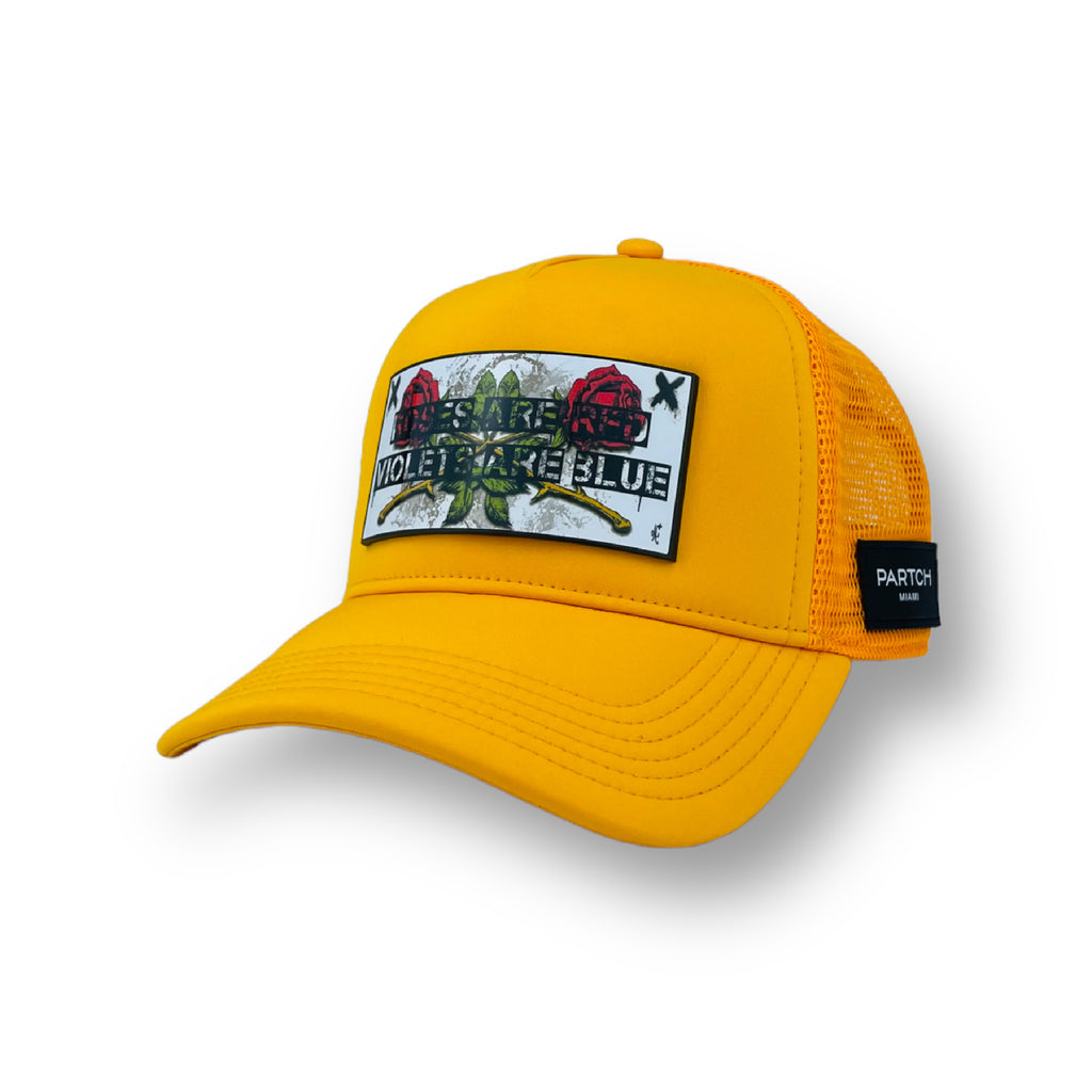 Partch yellow trucker hat with Art Roses PARTCH-clip