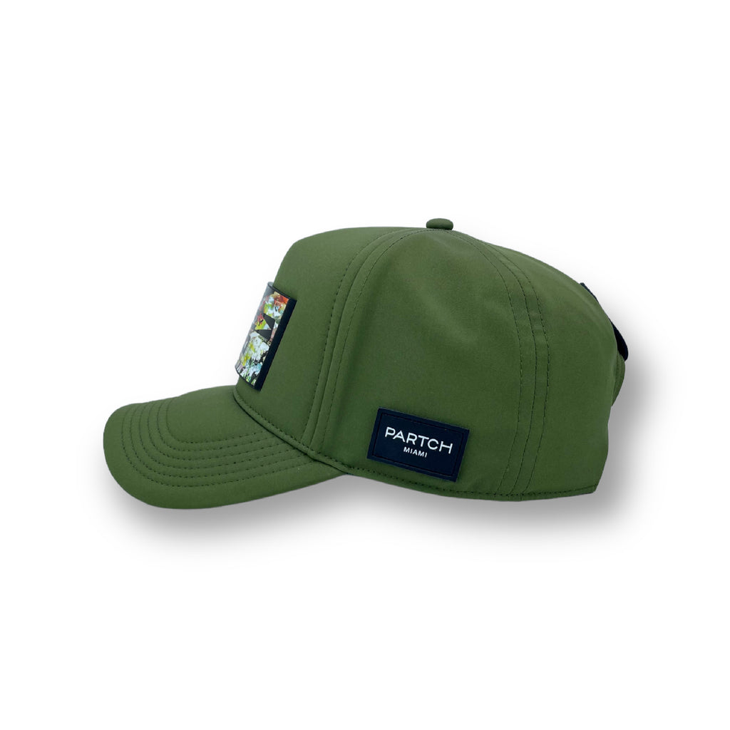 Partch luxury trucker hat in green Art patch removable New York