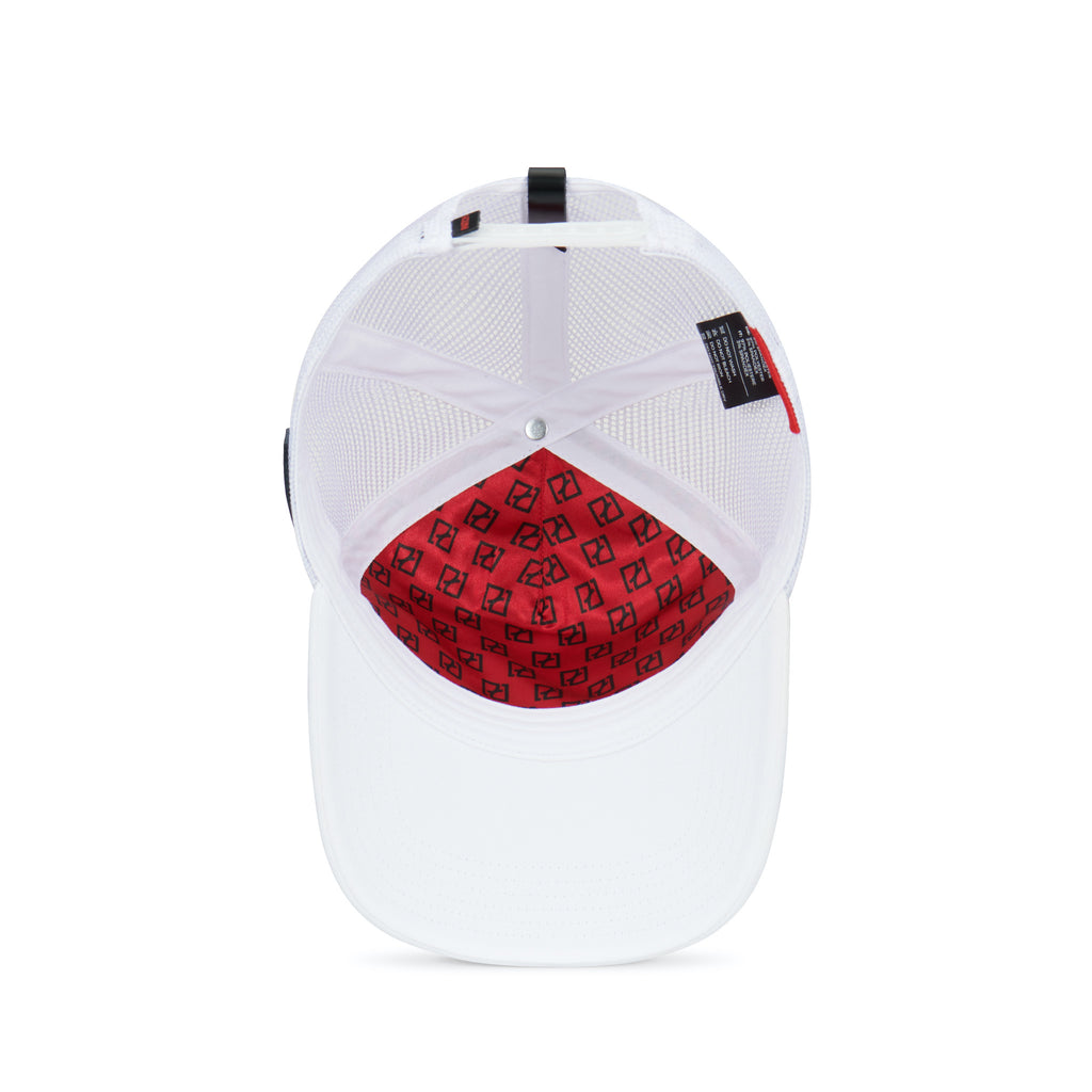 Partch Trucker Hat inside view - Luxury red satin - genuine leather accents - snapback closure adjustable