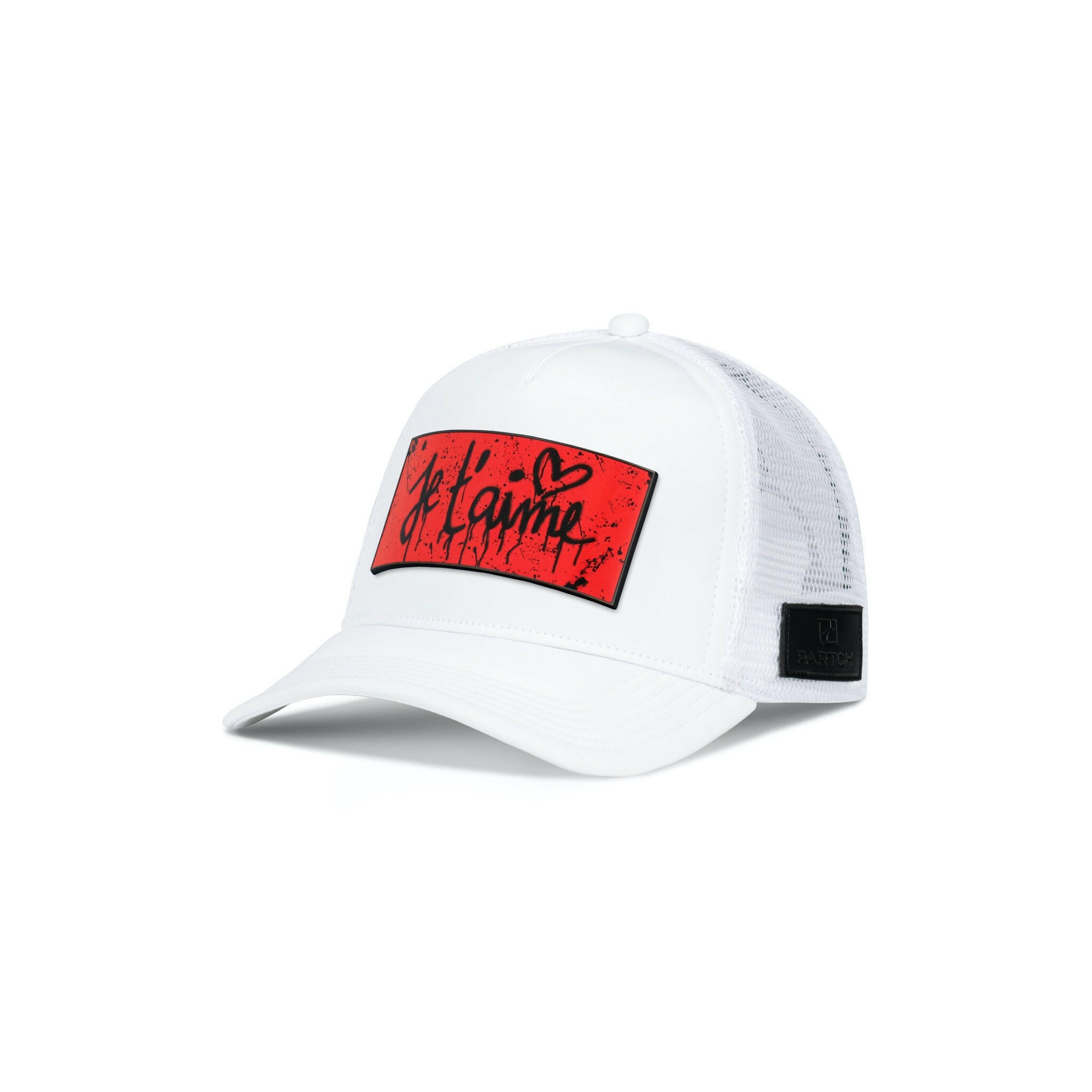 Partch Trucker Hat White with PARTCH-Clip Je T’aime Front View