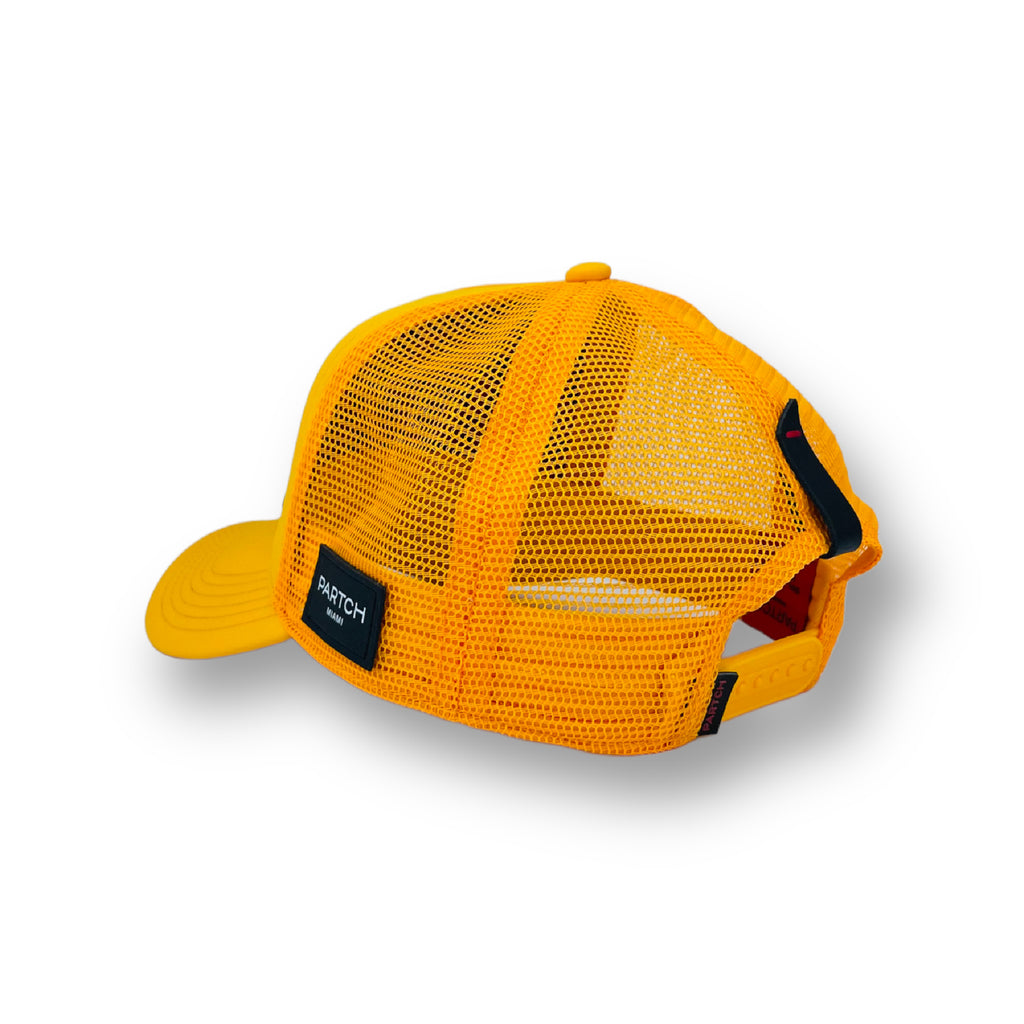 Partch trucker hat yellow, breathable rear mesh, leather accent