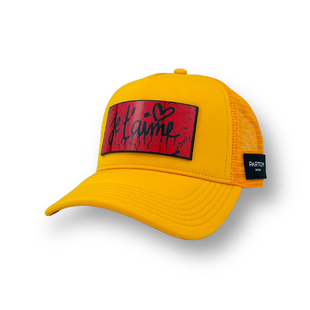 Partch trucker hat yellow removable patch Art je t'aime | Love in red